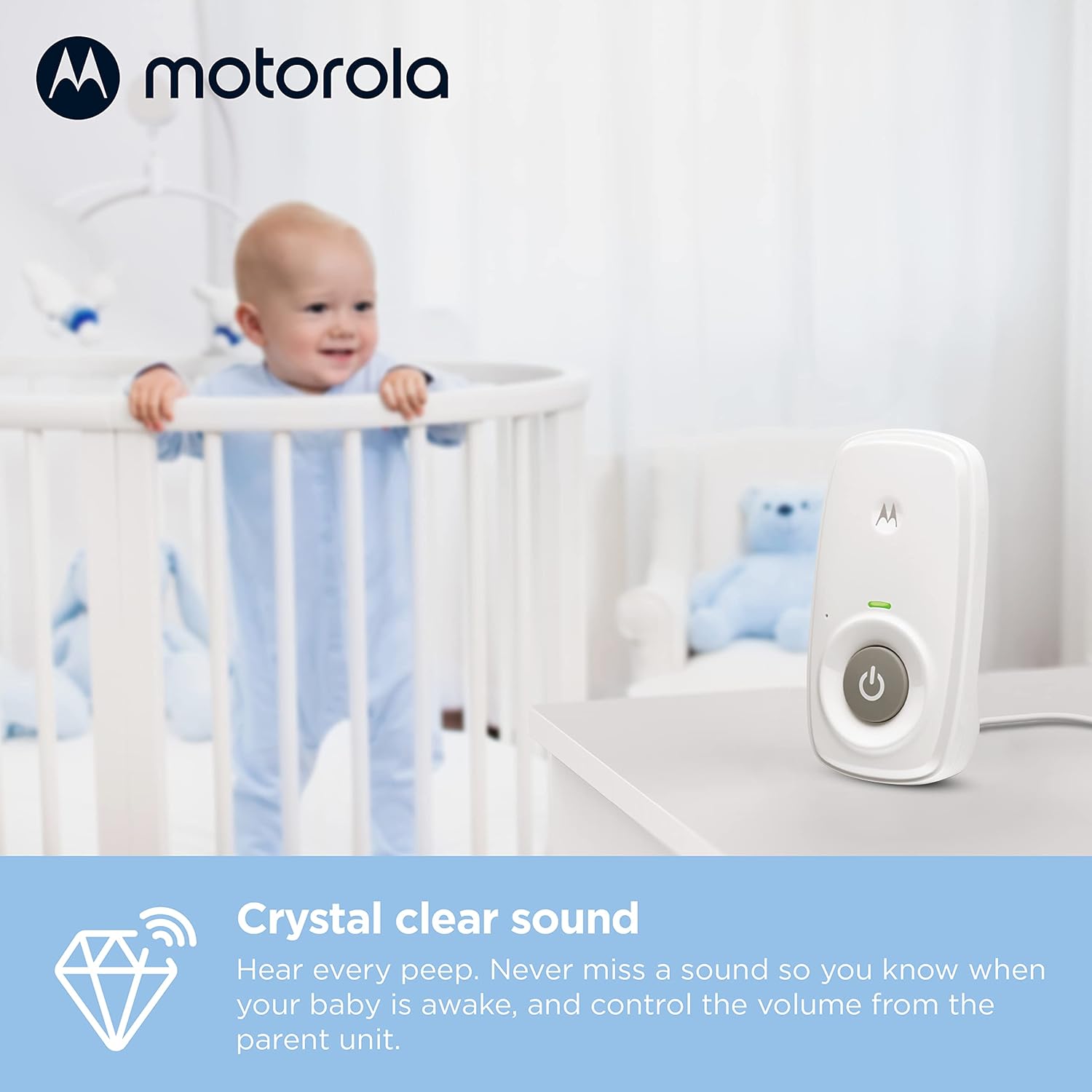 Motorola Nursery AM24 Audio-Only Baby Monitor, LCD Screen, 1000ft Range, 2-Way Talk, Temp Sensor, Portable Parent Unit (Built-in Rechargeable Battery)