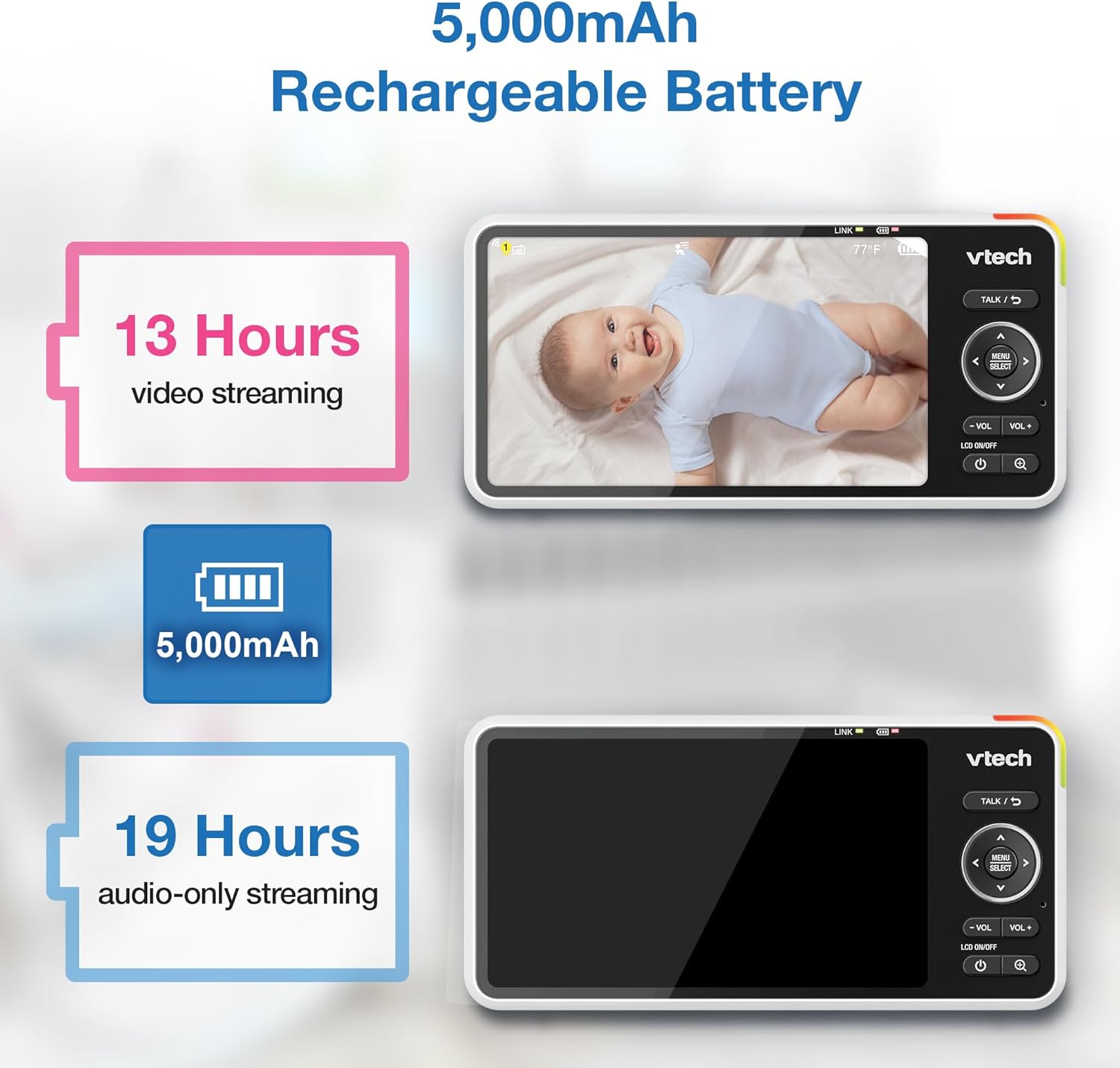 71jFKNDERrL._AC_SL1500_.jpg VTech Smart WiFi Baby Monitor, 2K Camera, 5.5-inch HD IPS Screen, Crystal Clear Infrared Night Vision, Pan-Tilt, 24x Zoom, 2-Way Talk, Multi-color Night Light, Soothing Sounds, Free App: Smart HD Plus