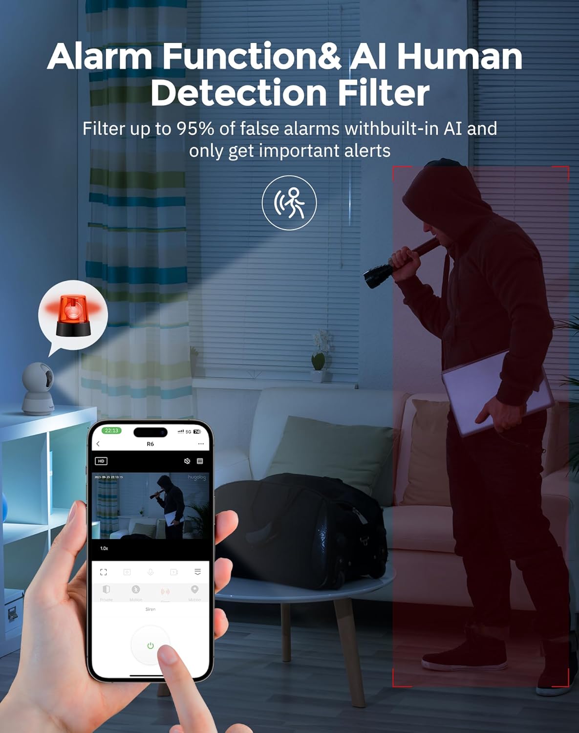 Hugolog 3K 5MP Indoor Pan/Tilt Security Camera with Auto-Focus,Ideal for Baby Monitor/Pet Camera/Home Security,Starlight Color Night Vision,Human/Pet AI,Noise Reduction,US Cloud,Works with Alexa