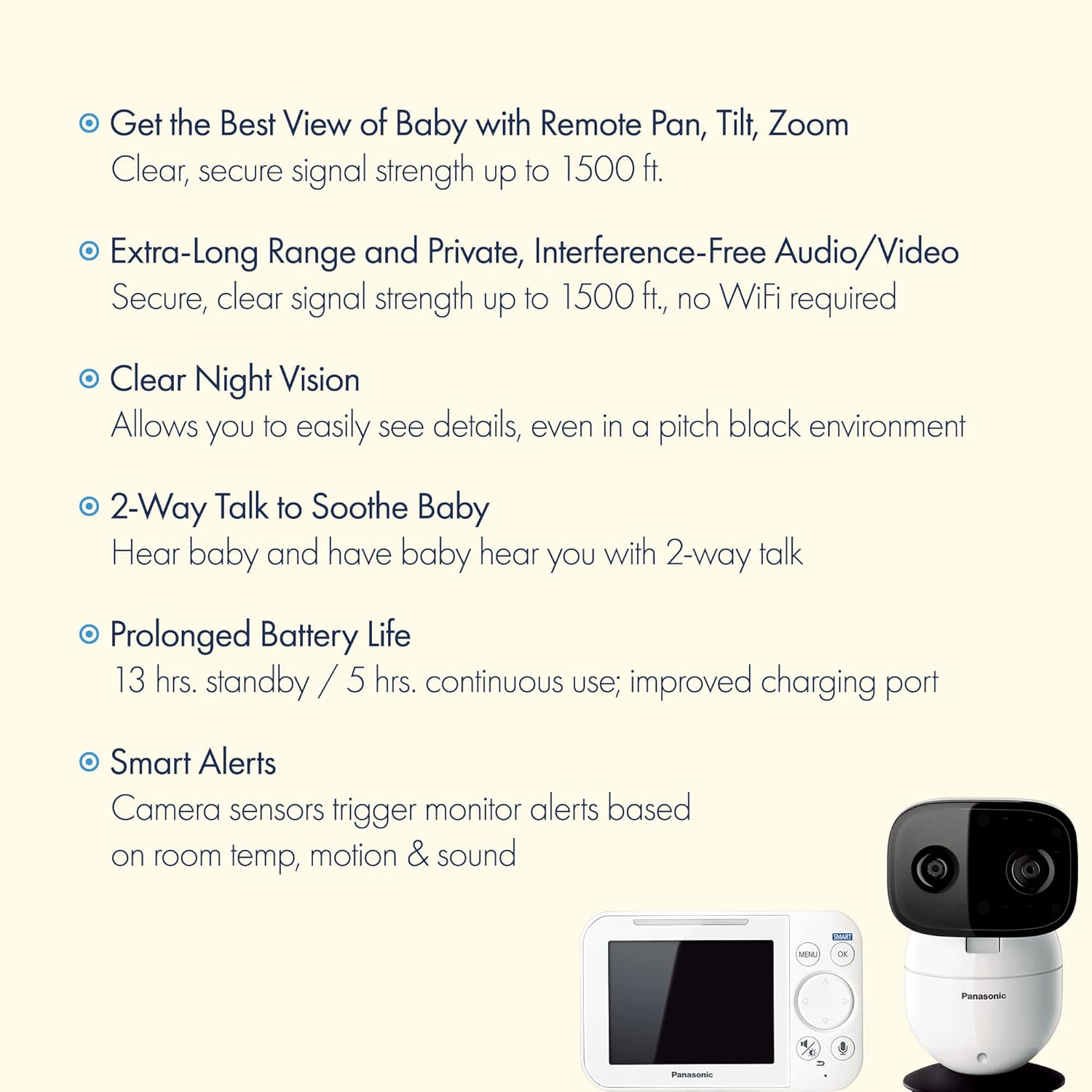 Panasonic Baby Monitor with Camera and Audio, 3.5” Color Video, Extra Long Range, Secure Connection, 2-Way Talk, Soothing Sounds, Remote Pan, Tilt, Zoom - 1 Camera - KX-HN4101W (White)