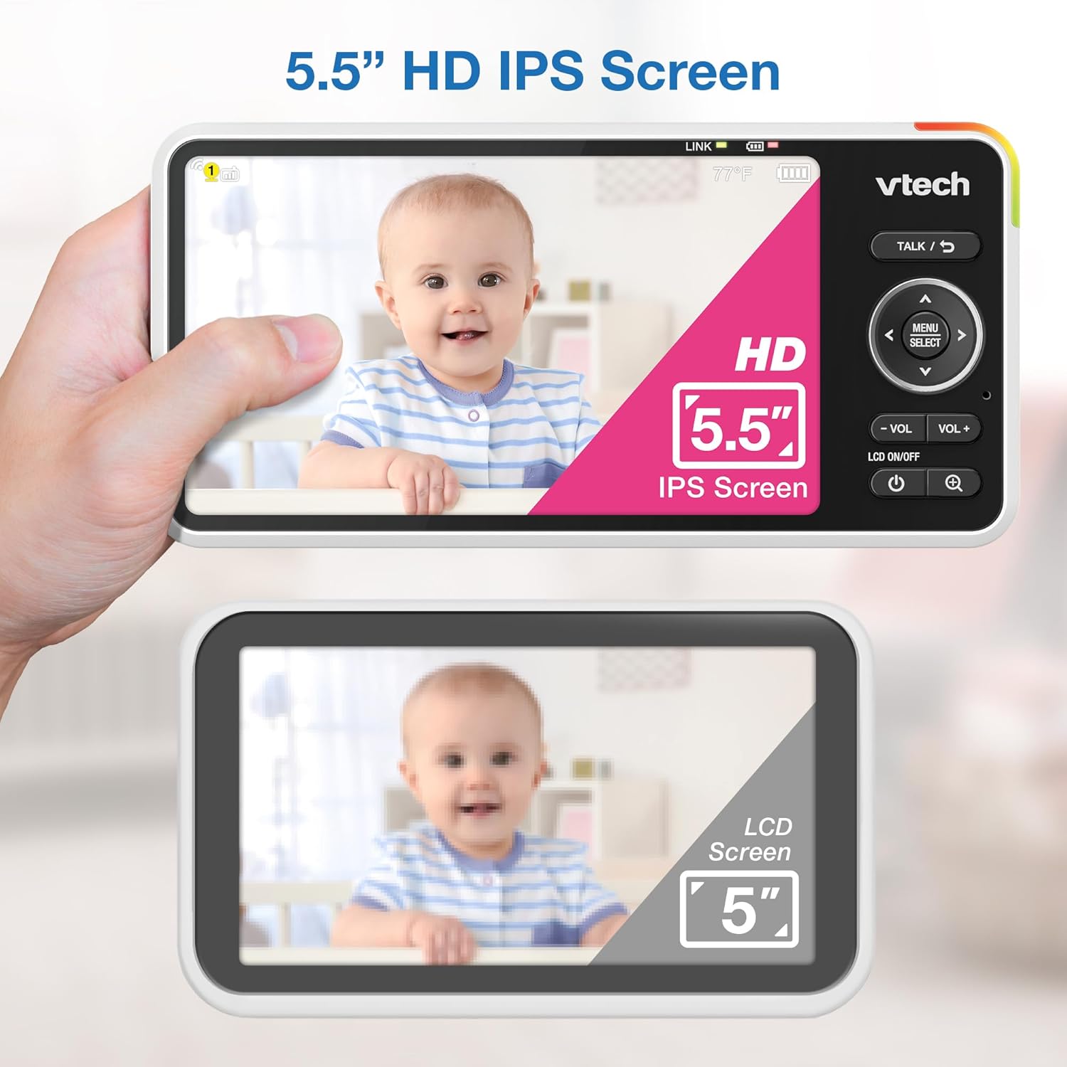 71nMIdkSjsL._AC_SL1500_.jpg VTech Smart WiFi Baby Monitor, 2K Camera, 5.5-inch HD IPS Screen, Crystal Clear Infrared Night Vision, Pan-Tilt, 24x Zoom, 2-Way Talk, Multi-color Night Light, Soothing Sounds, Free App: Smart HD Plus