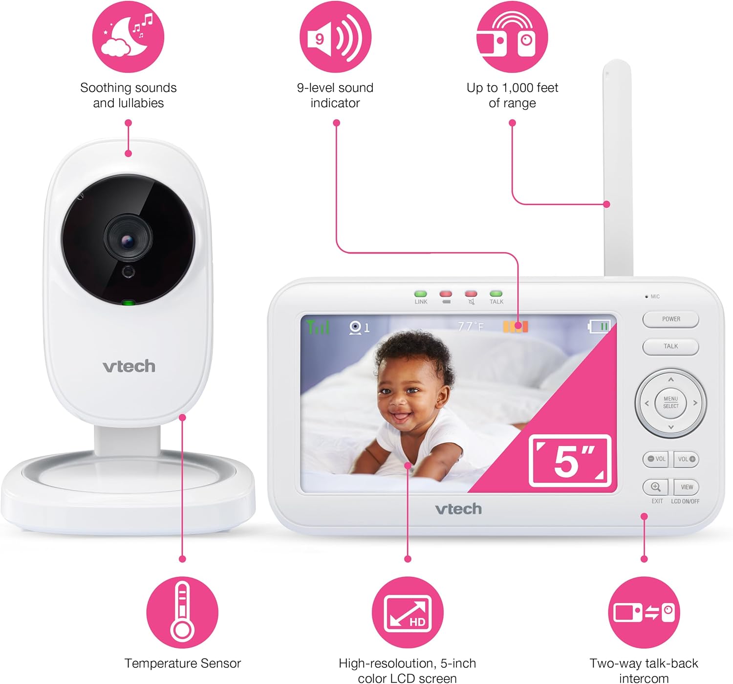 71njNjQtvNL._AC_SL1500_.jpg VTech VM5251 5” Digital Video Baby Monitor with Full-Color and Automatic Night Vision, White 5 inch
