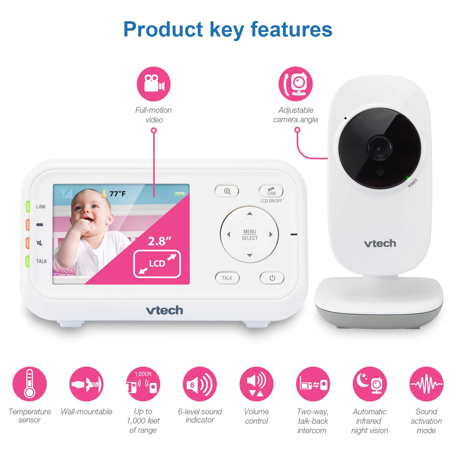 71p4mdYTbpL._SL1500_.jpg VTech Video Baby Monitor with 1000ft Long Range, Auto Night Vision, 2.8” Screen, 2-Way Audio Talk, Temperature Sensor, Power Saving Mode, Lullabies and Wall-mountable Camera with Bracket, White