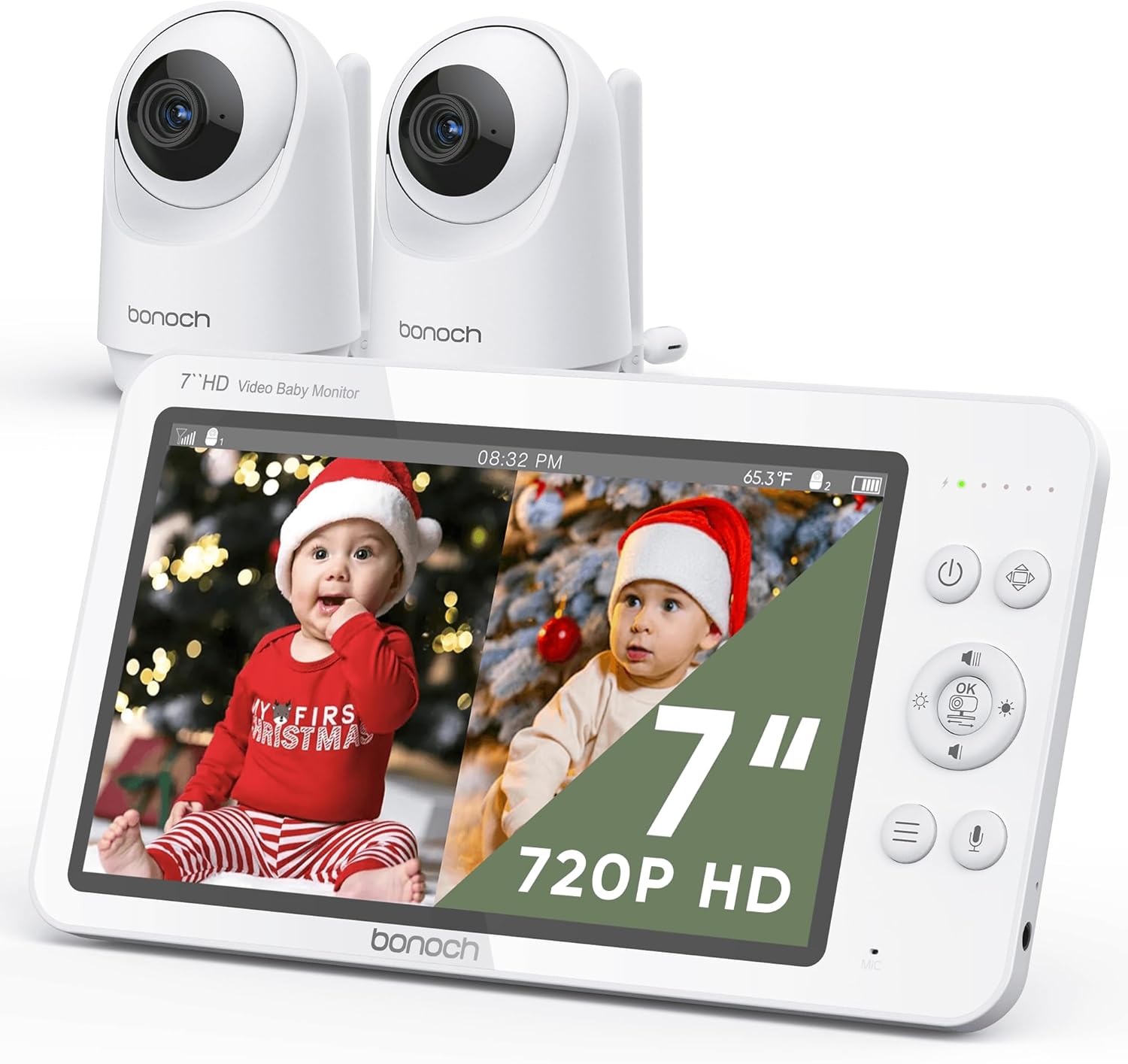 bonoch MegaView Baby Monitor with 2 Cameras, 7" 720P HD Split Screen Baby Monitor No WiFi, Video Baby Monitor with Camera and Audio, 6000mAh, VOX Mode, 2 Way Audio, Remote PTZ, Auto Night Vision