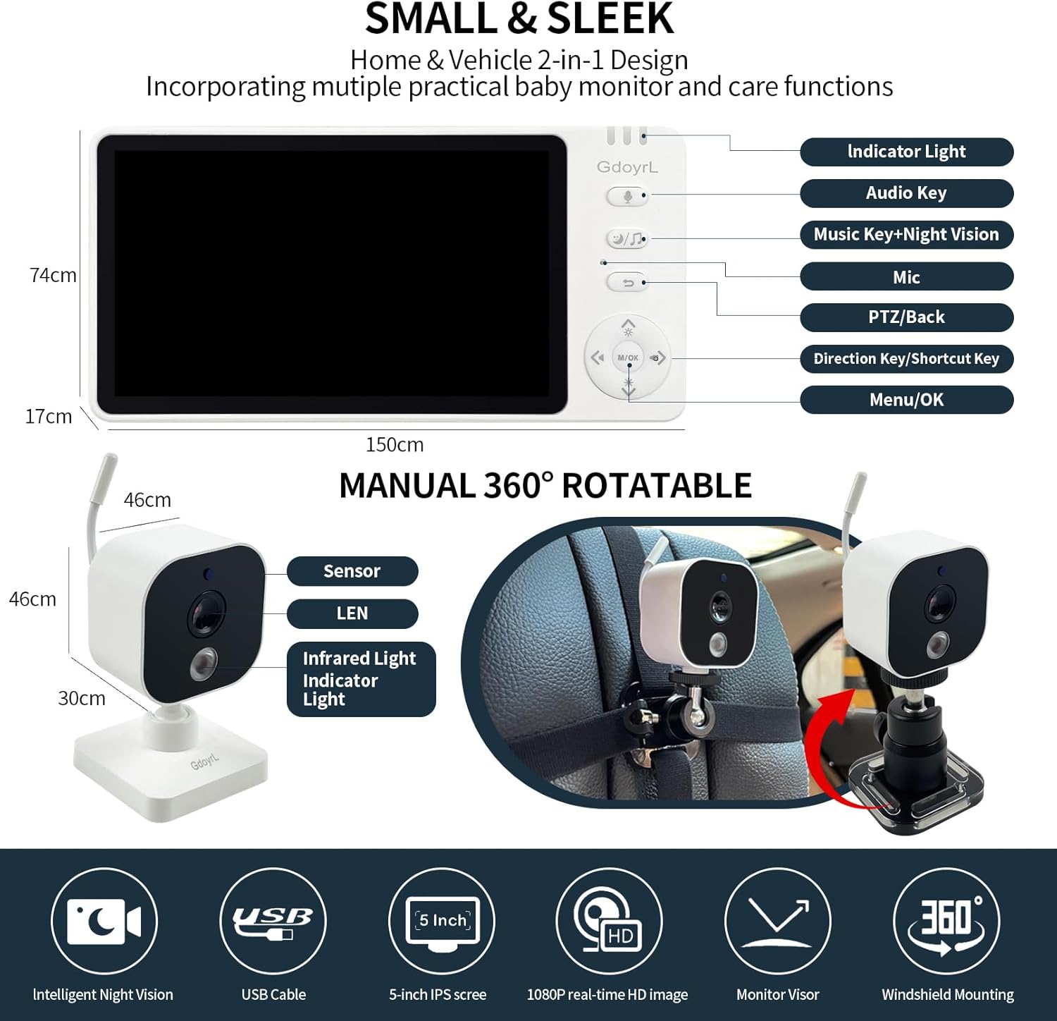 71qQ4RYLKJL._AC_SL1500_.jpg Baby Car Camera Backseat Wireless Baby Monitor with Camera (Max. Range 1000FT) Multifunctional HD Night Vision Wide View 5'' 1080P IPS Display USB Plug&Play Car Seat Camera for Baby Rear Facing