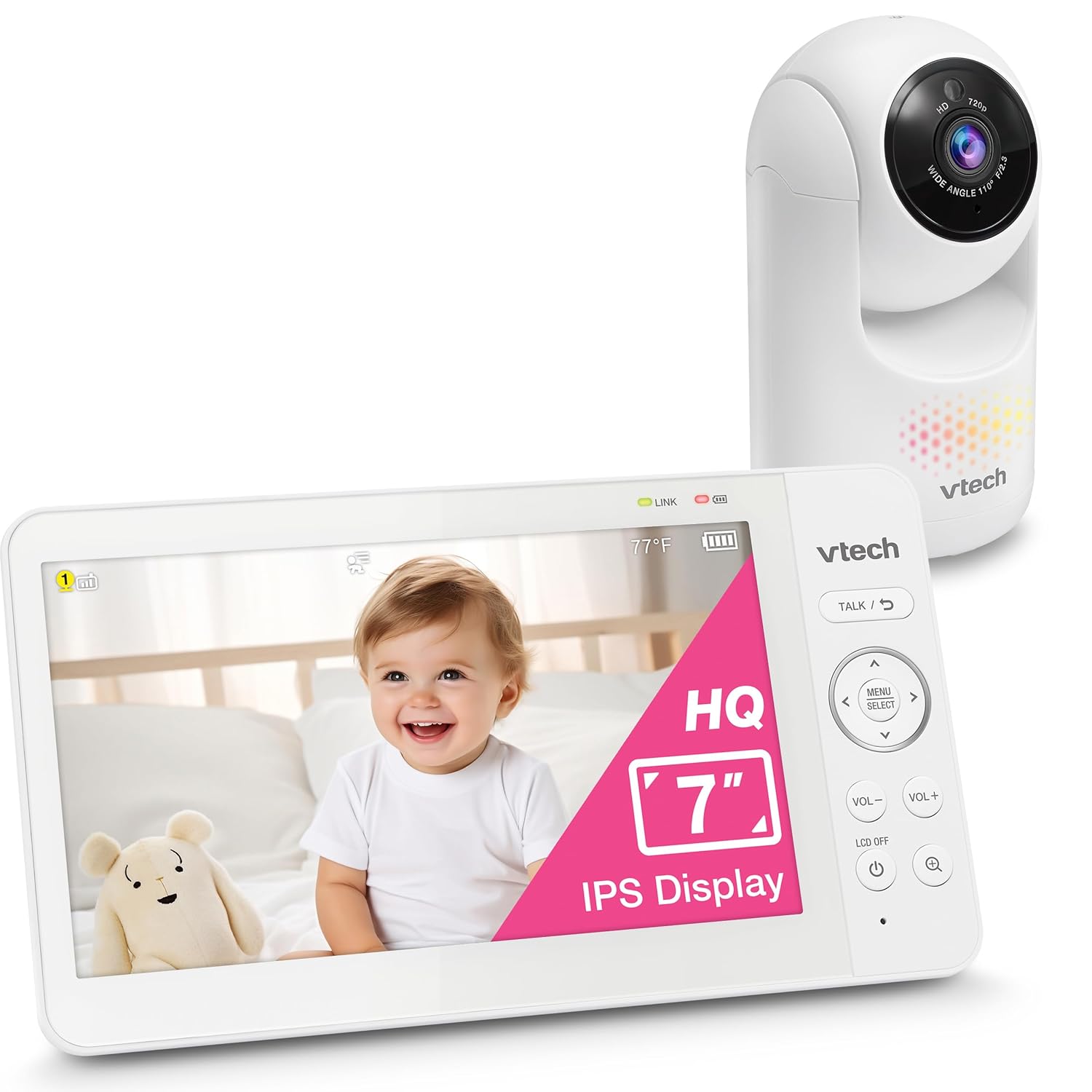 VTech Upgraded 7" Baby Monitor, Advanced HQ Max, Pan Tilt Zoom Video Baby Monitor with Camera and Audio, IPS Screen, Touch Control Multi-Color Night Light, 2-Way Talk, Lullabies, No WiFi