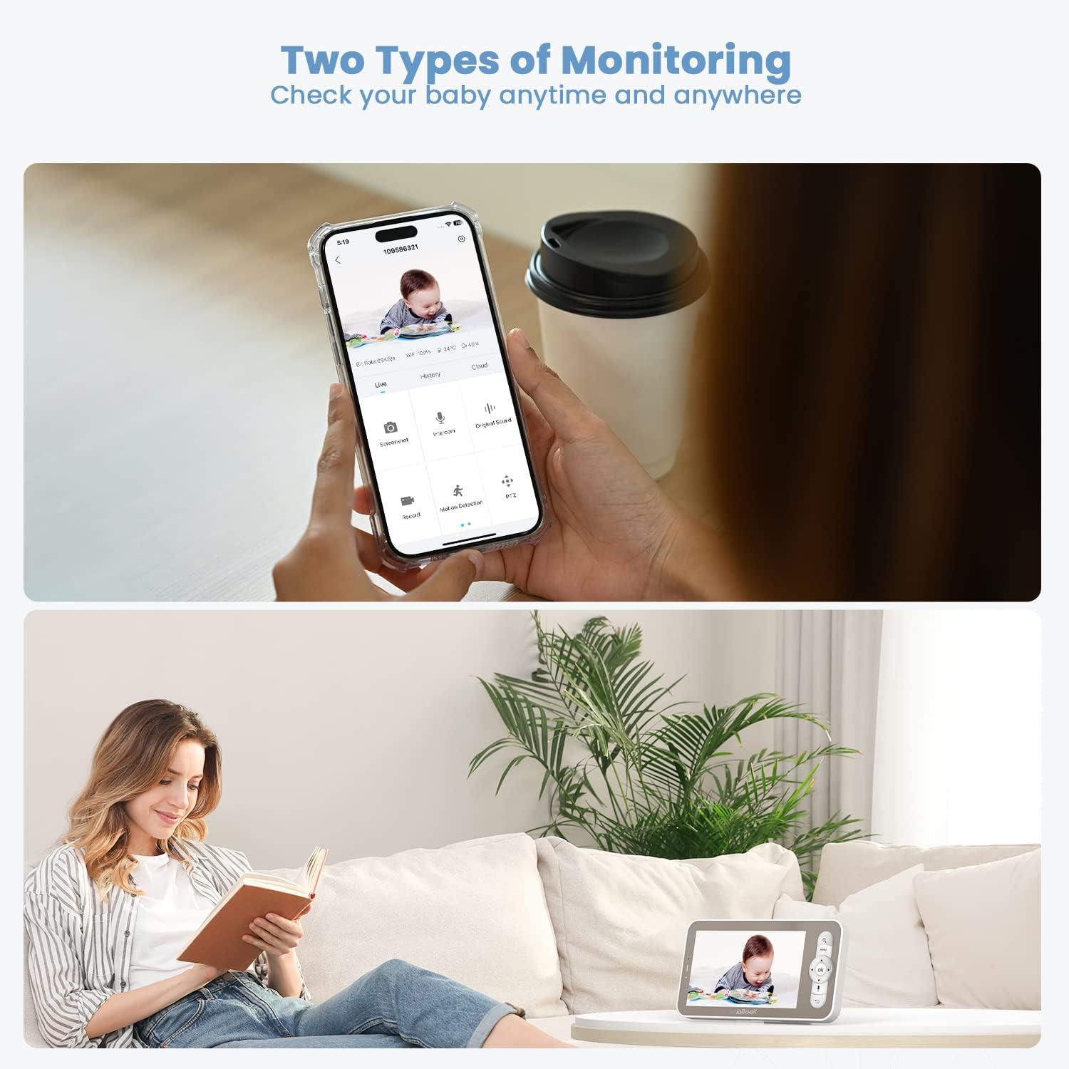 ieGeek Baby Monitor with 2K HD Resolution, Pan-Tilt-Zoom Video Baby Monitor Camera, 5'' LCD Screen & App Control, Night Vision, Cry and Motion Detection, Temp & Humidity Sensor, Two Way Audio, VOX