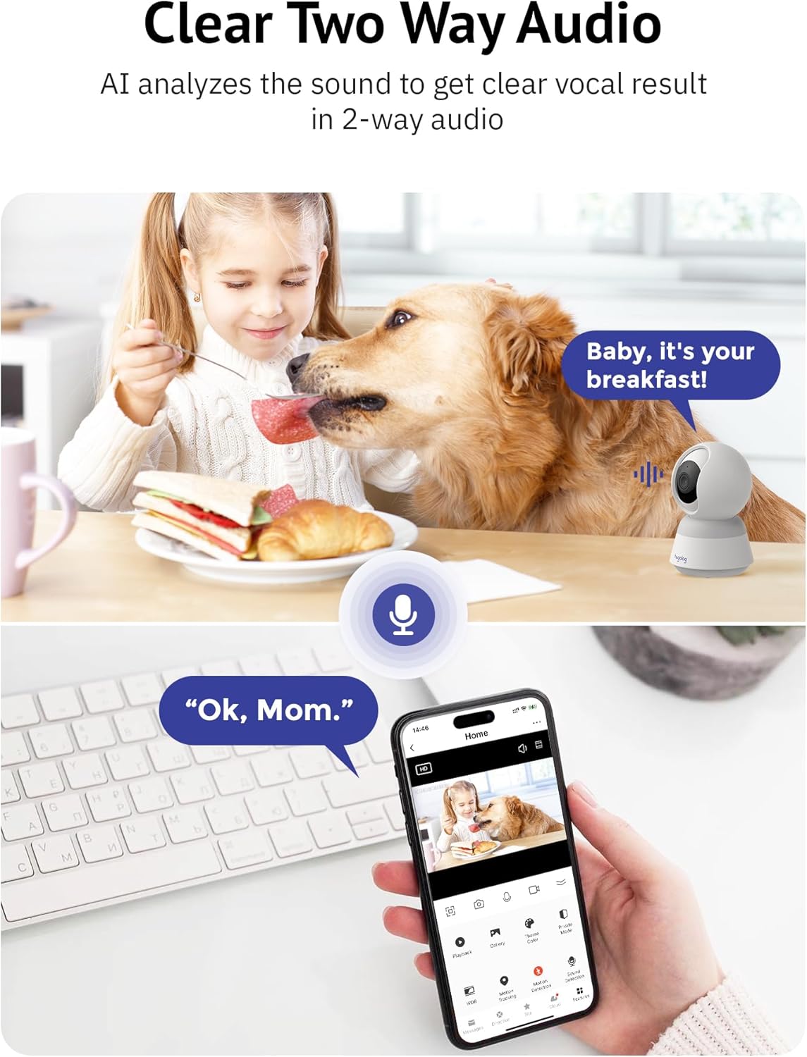 Hugolog 3K 5MP Indoor Pan/Tilt Security Camera with Auto-Focus,Ideal for Baby Monitor/Pet Camera/Home Security,Starlight Color Night Vision,Human/Pet AI,Noise Reduction,US Cloud,Works with Alexa