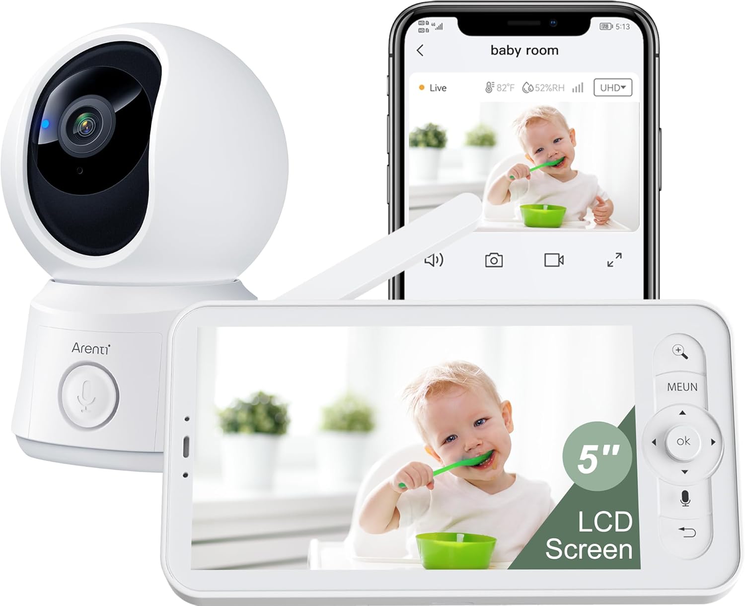 71t4wZdj3cL._AC_SL1500_.jpg ARENTI Video Baby Monitor with Camera and Audio, 5-inch Smart Baby Camera Monitor with Free Phone App, 1080P, VOX, PTZ, One-Touch Call, Temp Sensor, Lullaby, Night Vision, Auto Tracking, 2-Way Talk
