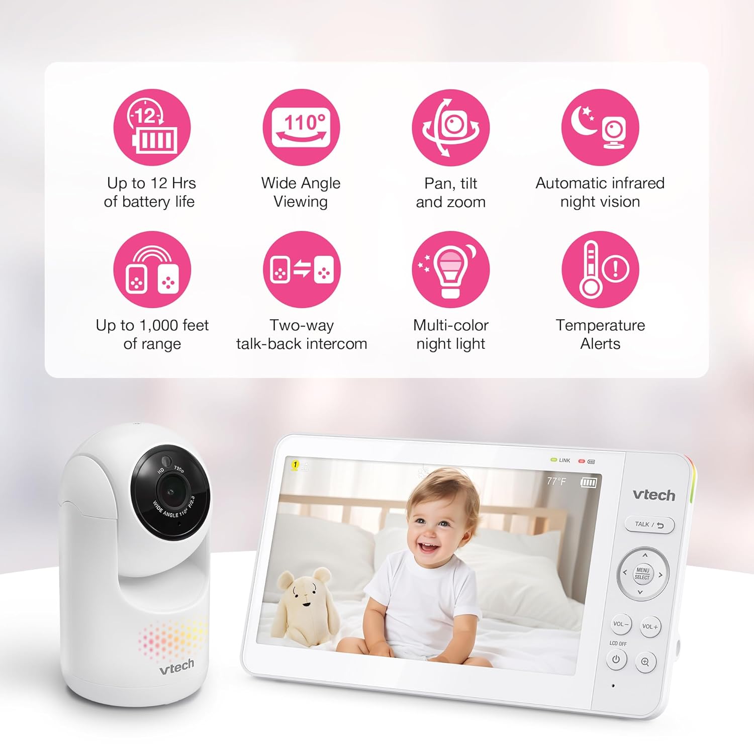 VTech Upgraded 7" Baby Monitor, Advanced HQ Max, Pan Tilt Zoom Video Baby Monitor with Camera and Audio, IPS Screen, Touch Control Multi-Color Night Light, 2-Way Talk, Lullabies, No WiFi