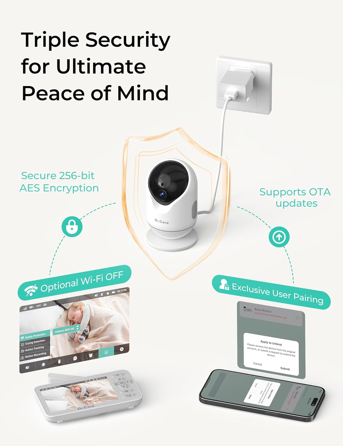 VistaView Lite Smart WiFi Baby Monitor - 4” 720P Split Screen & 1080P Camera App Control, Motion Alerts, HD Night Vision, 3000mAh Battery, 2-Way Talk, Multi-User, Triple Security, 1000ft Range