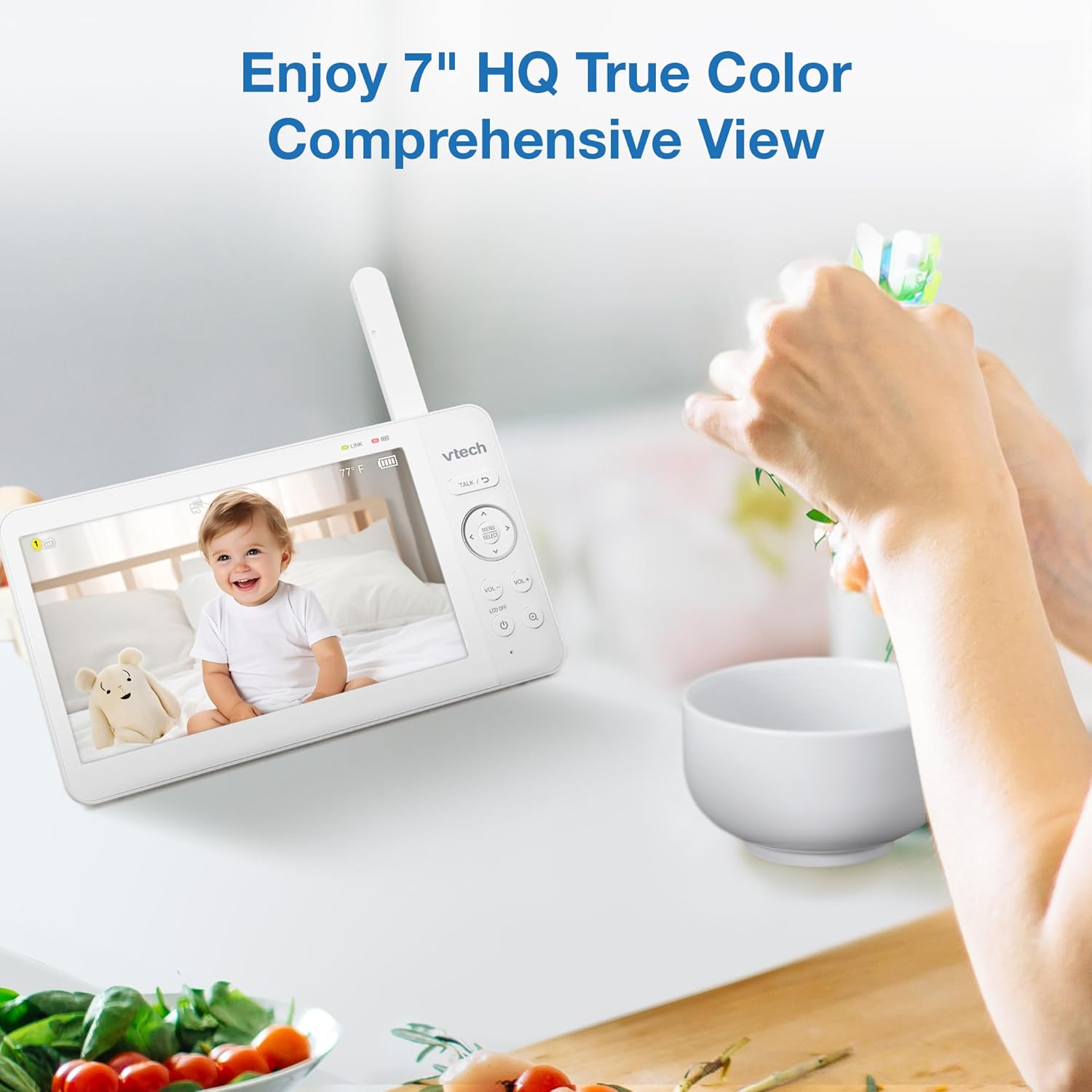VTech Upgraded 7" Baby Monitor, Advanced HQ Max, Pan Tilt Zoom Video Baby Monitor with Camera and Audio, IPS Screen, Touch Control Multi-Color Night Light, 2-Way Talk, Lullabies, No WiFi