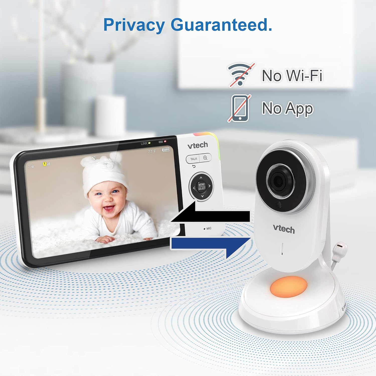 VTech VM818HD Baby Monitor, 5" 720p Screen, Night Light, 110-degree Wide-Angle True-Color DayVision, HD No Glare NightVision, 1000ft Range, 2-Way Talk, Secure Transmission No WiFi