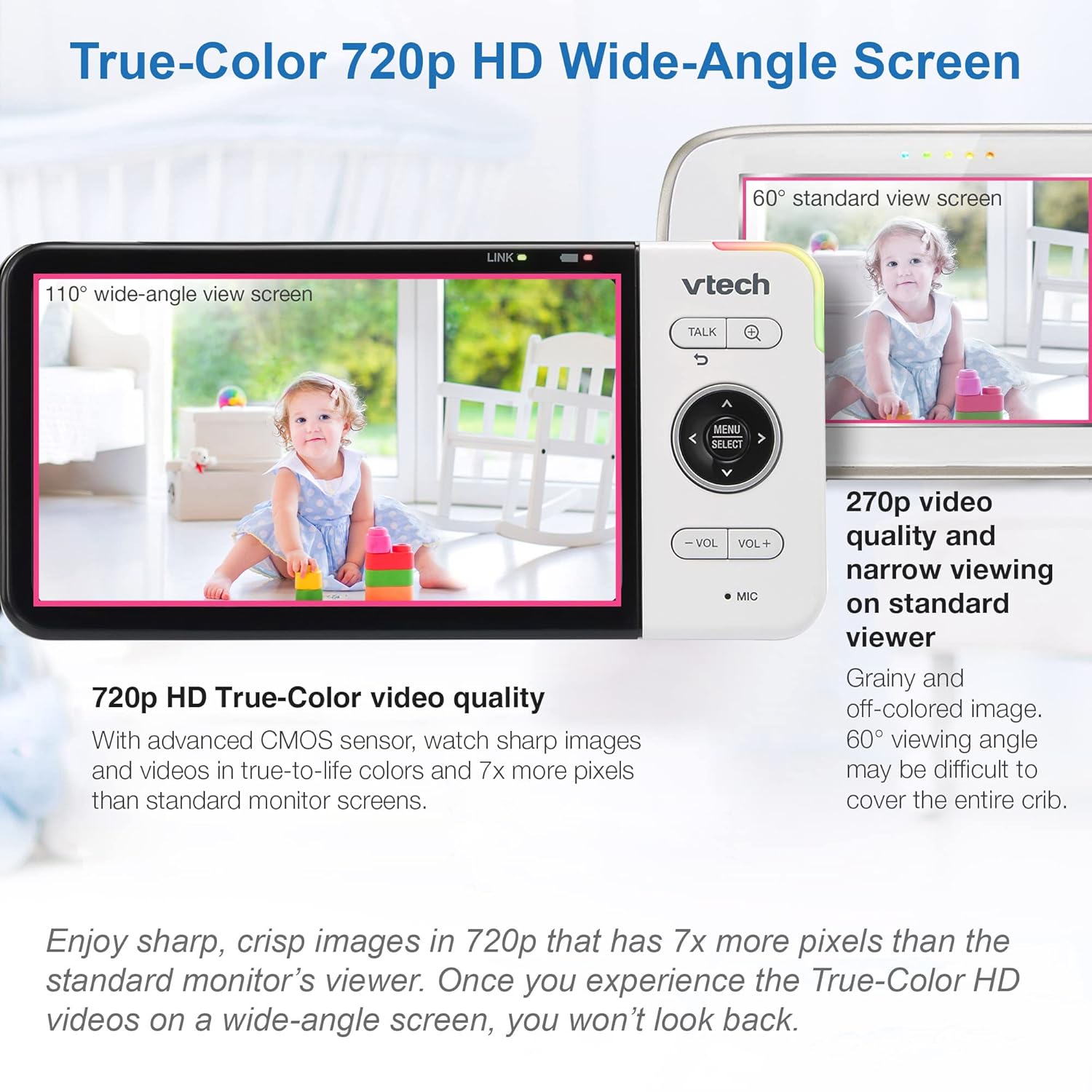 VTech VM818HD Baby Monitor, 5" 720p Screen, Night Light, 110-degree Wide-Angle True-Color DayVision, HD No Glare NightVision, 1000ft Range, 2-Way Talk, Secure Transmission No WiFi