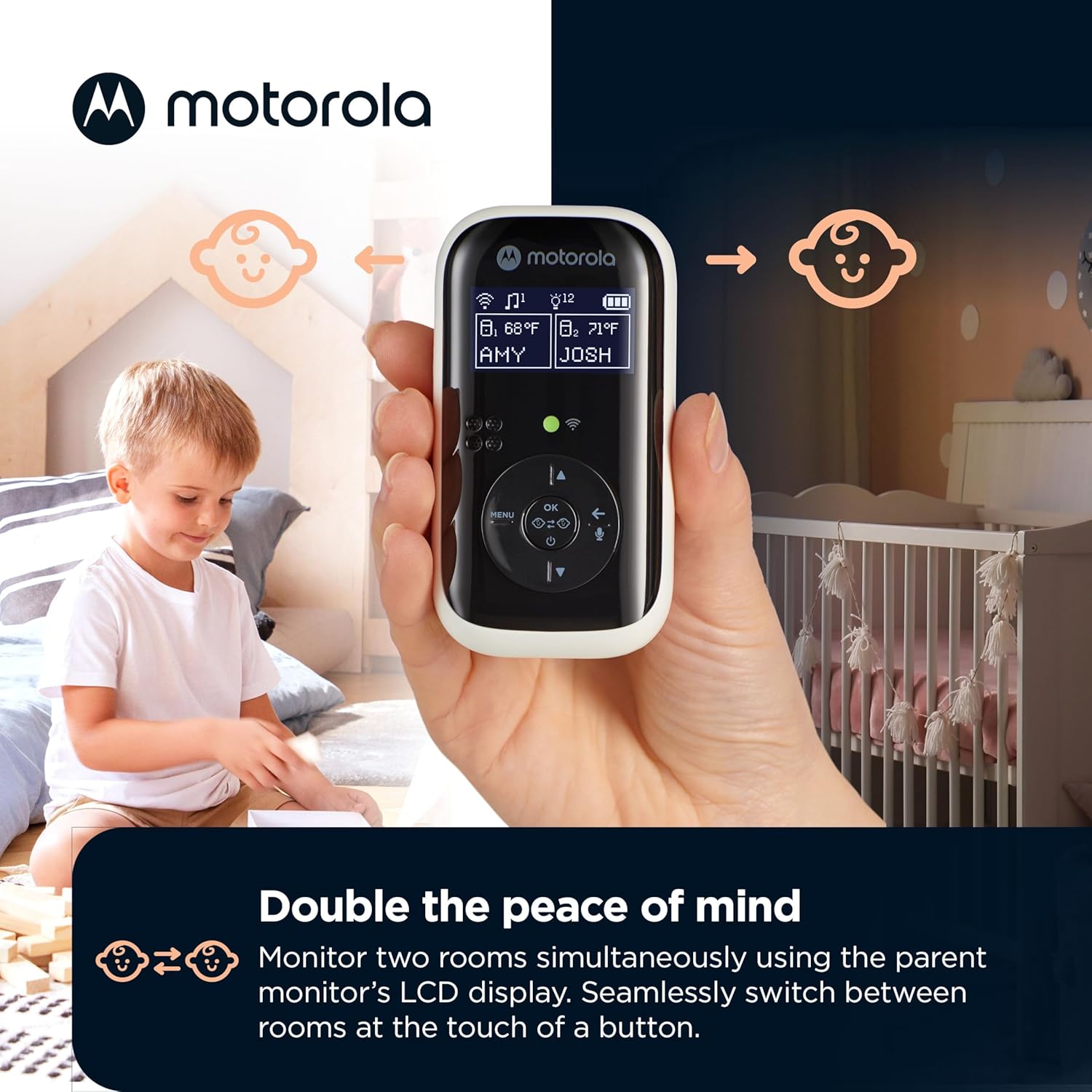 81SbcuZml5L._SL1500_.jpg Motorola Nursery PIP15 Audio Baby Monitor, Dual Room HD Infant Monitor with Nightlight, 1500 Ft. Range, Two-Way Talk, Includes Parent Unit, 2 Monitors