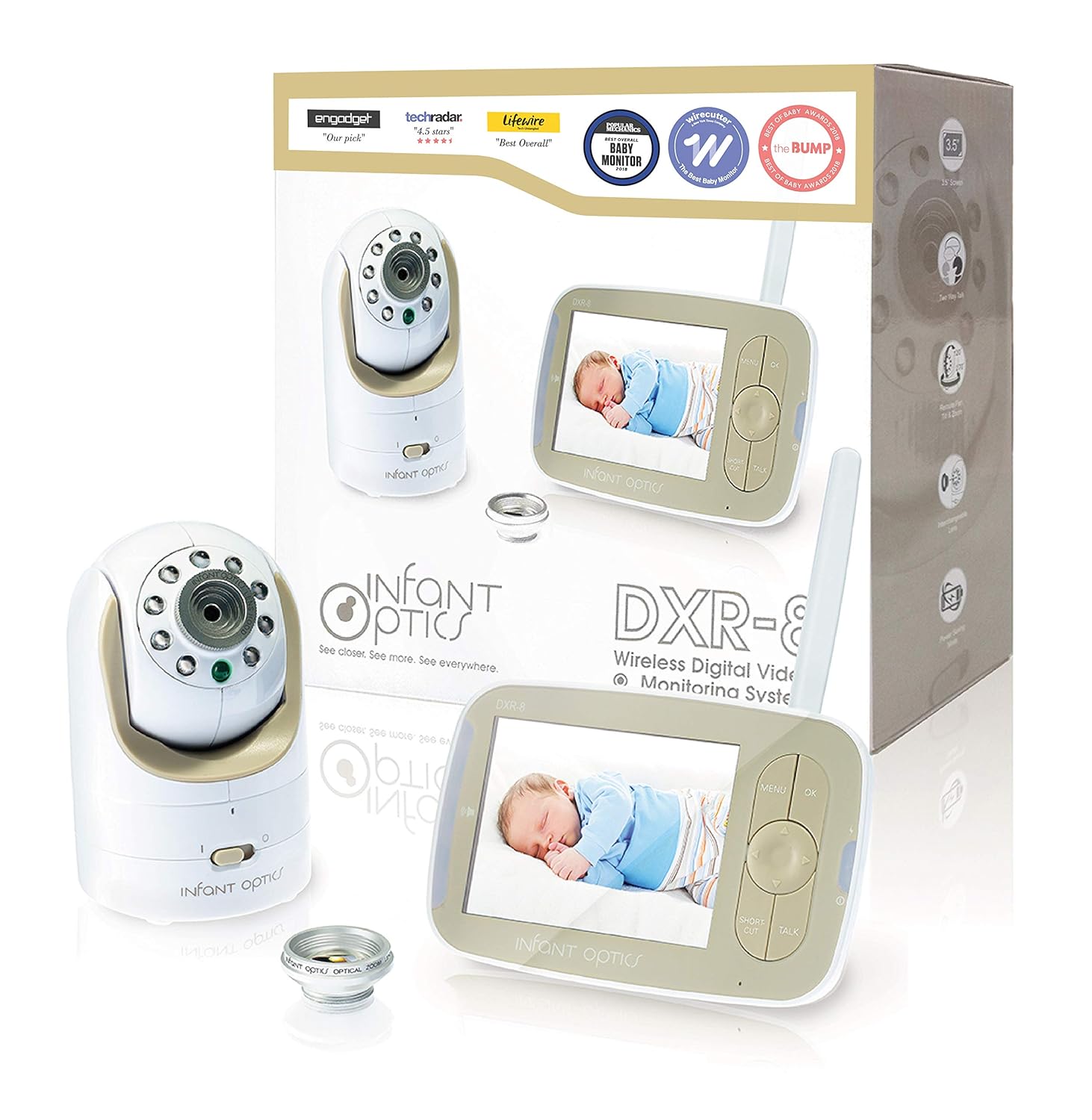 Infant Optics DXR-8 480p Video Baby Monitor, Non-WiFi Hack-Proof FHSS Connection, Interchangeable Lenses, Pan Tilt Zoom, LED Sound Bar, Night Vision, and Two-way Talk, low battery