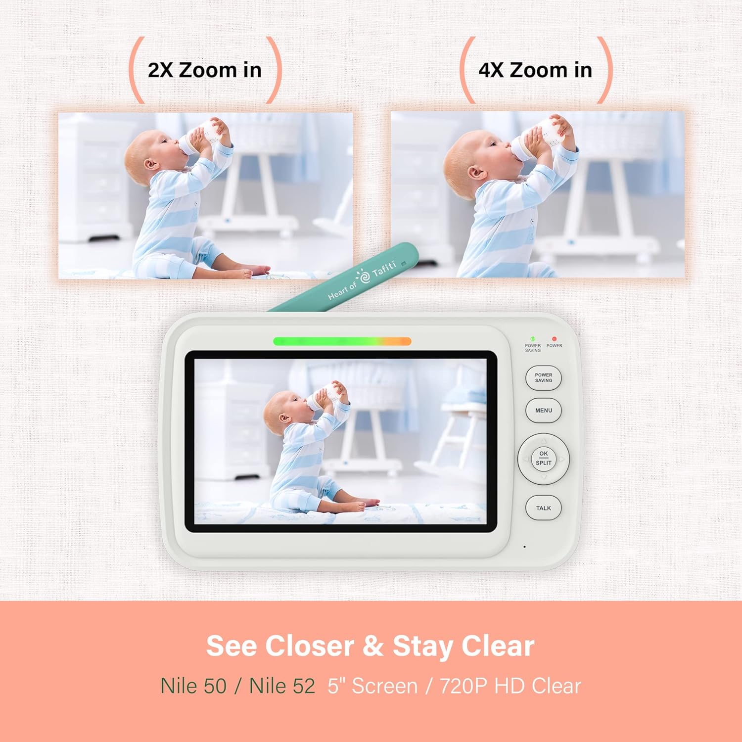 Baby Monitor with Cameras and Audio, 5" 720P HD Quad View Split Screen, Low EMF, Pan-Tilt-Zoom Night Vision Cameras, No WiFi, VOX/Voice Activation, Long Battery Life, Nile 52.
